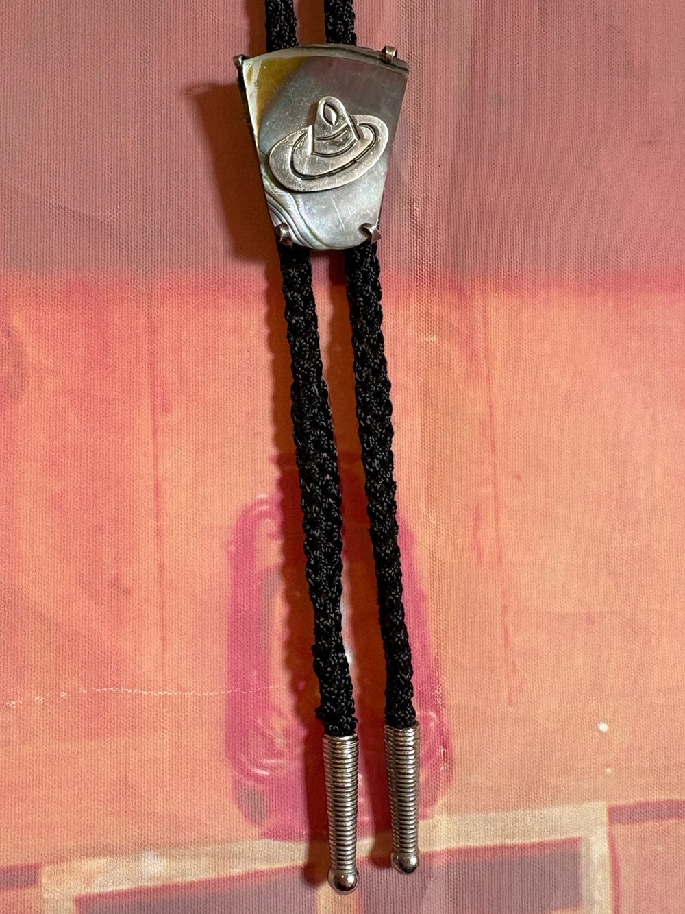 Vintage Mexican Sterling Silver & Shell Cowboy Hat Bolo Tie